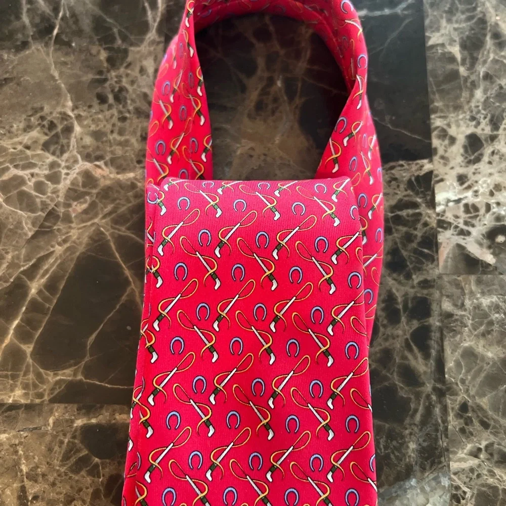 Salvatore Ferragamo Silk Tie Horseshoe Riding Crop Equestrian Novelty Red - Picture 7 of 10